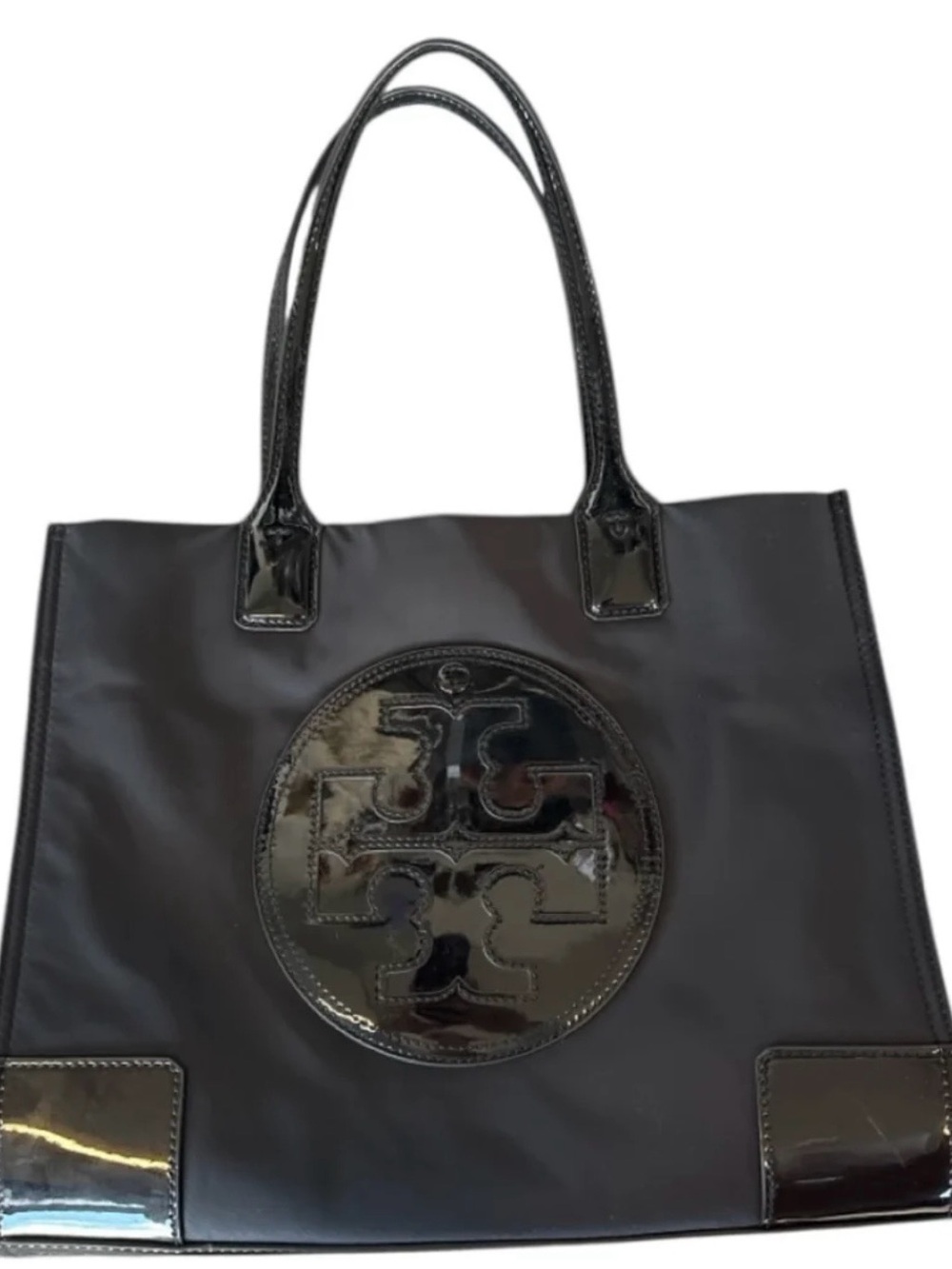 Tory Burch Black Nylon & Leather Patent Leather Accent Top Handles Tote Bag